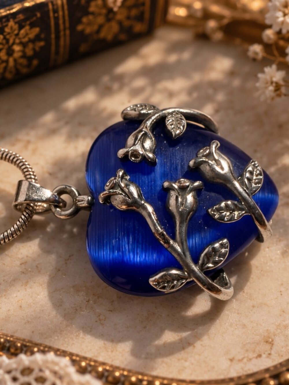Blue Cat Eye Glass Heart Pendant Necklace with Rose Overlay